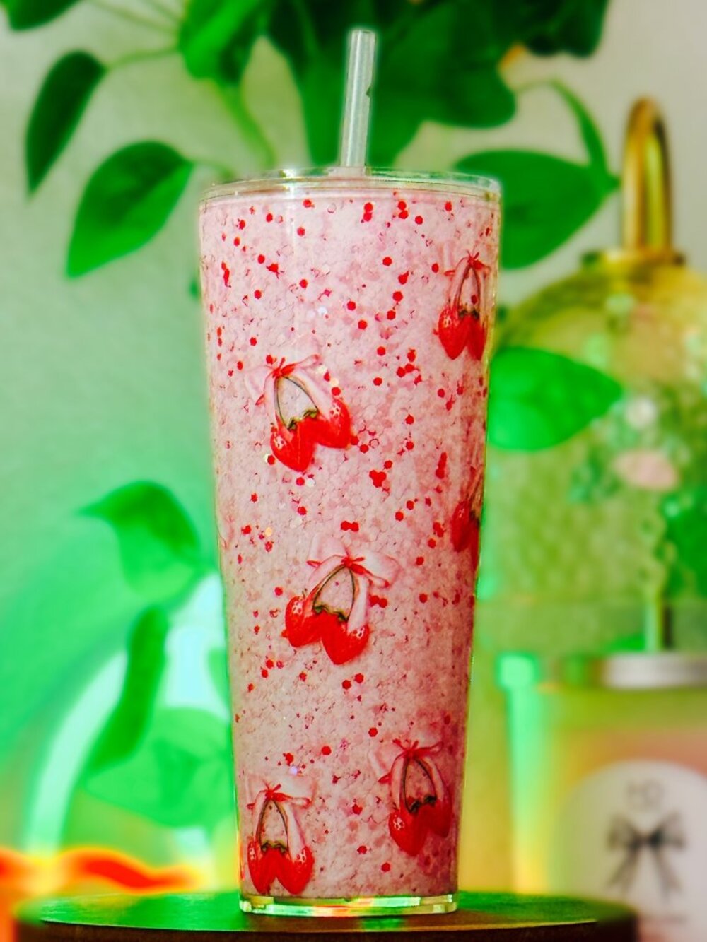 Strawberries Bows Glitter Snow Globe Tumbler Pink Aesthetic Cup